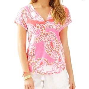 Lilly Pulitzer Duval Top Coral Pink Trunk in Love Linen Knit Fabric XS